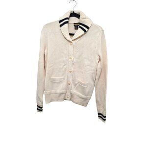 Vintage Ralph Lauren Rugby Men Cream Fisherman Knit Cardigan Sweater Striped Col